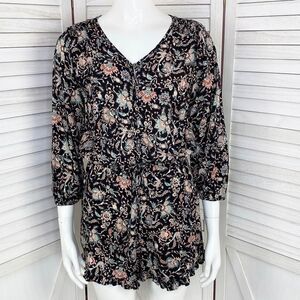 Mossimo Romper‎ Floral Ruffle Hem Black Multi Small 3/4 Sleeve